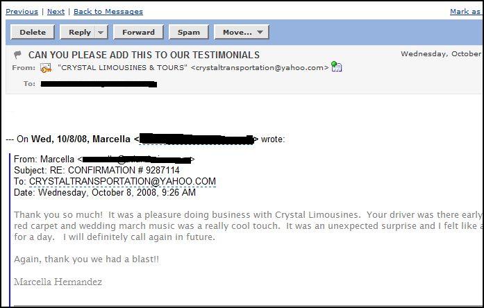 Thank you for wedding limousine service in Orange County - Testimonial or limo service Mercella Hernandez